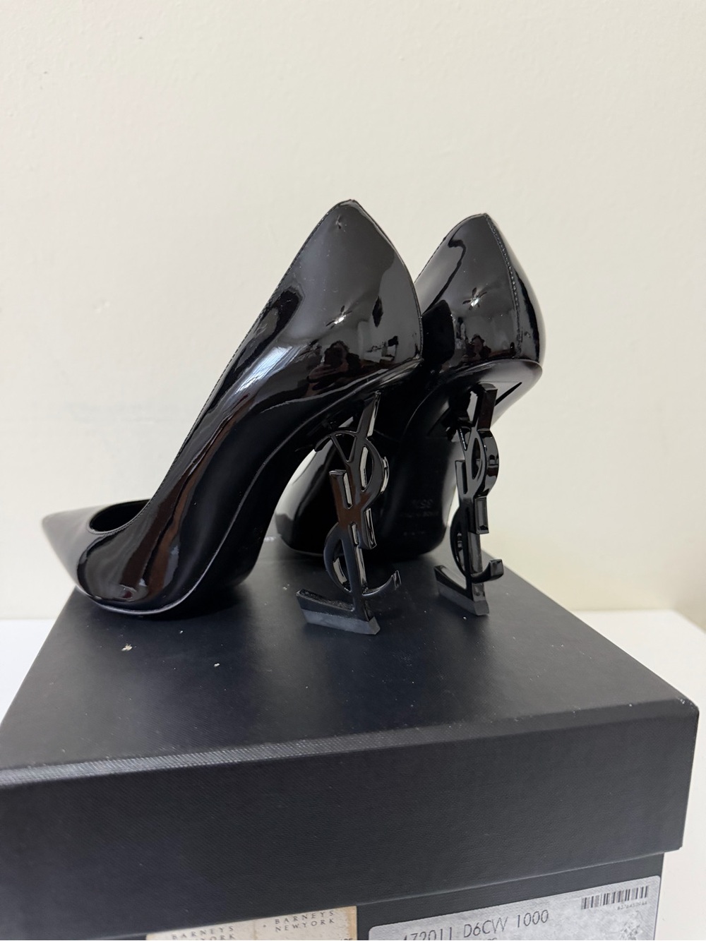 Saint Laurent Black Patent Logo-Heel Pointed Pumps